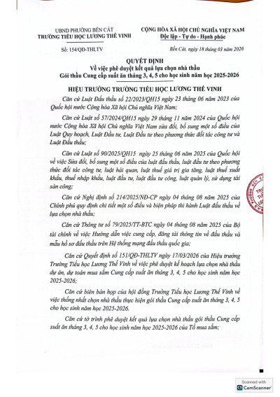 QUYẾT ĐỊNH PHÊ DUYỆT KẾT QUẢ LỰA CHỌN NHÀ THẦU CUNG CẤP SUẤT ĂN THÁNG 3,4,5