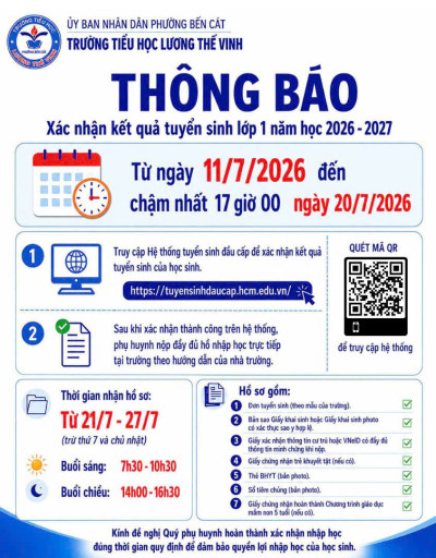 THÔNG BÁO XÁC NHẬN KẾT QUẢ TUYỂN SINH LỚP 1 NĂM HỌC 2026 - 2027