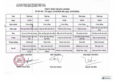 THỰC ĐƠN TUẦN 8 NĂM HỌC 2026 - 2027