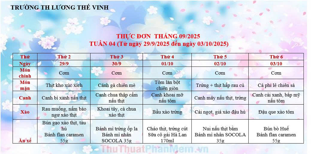 thực đơn tuần 4