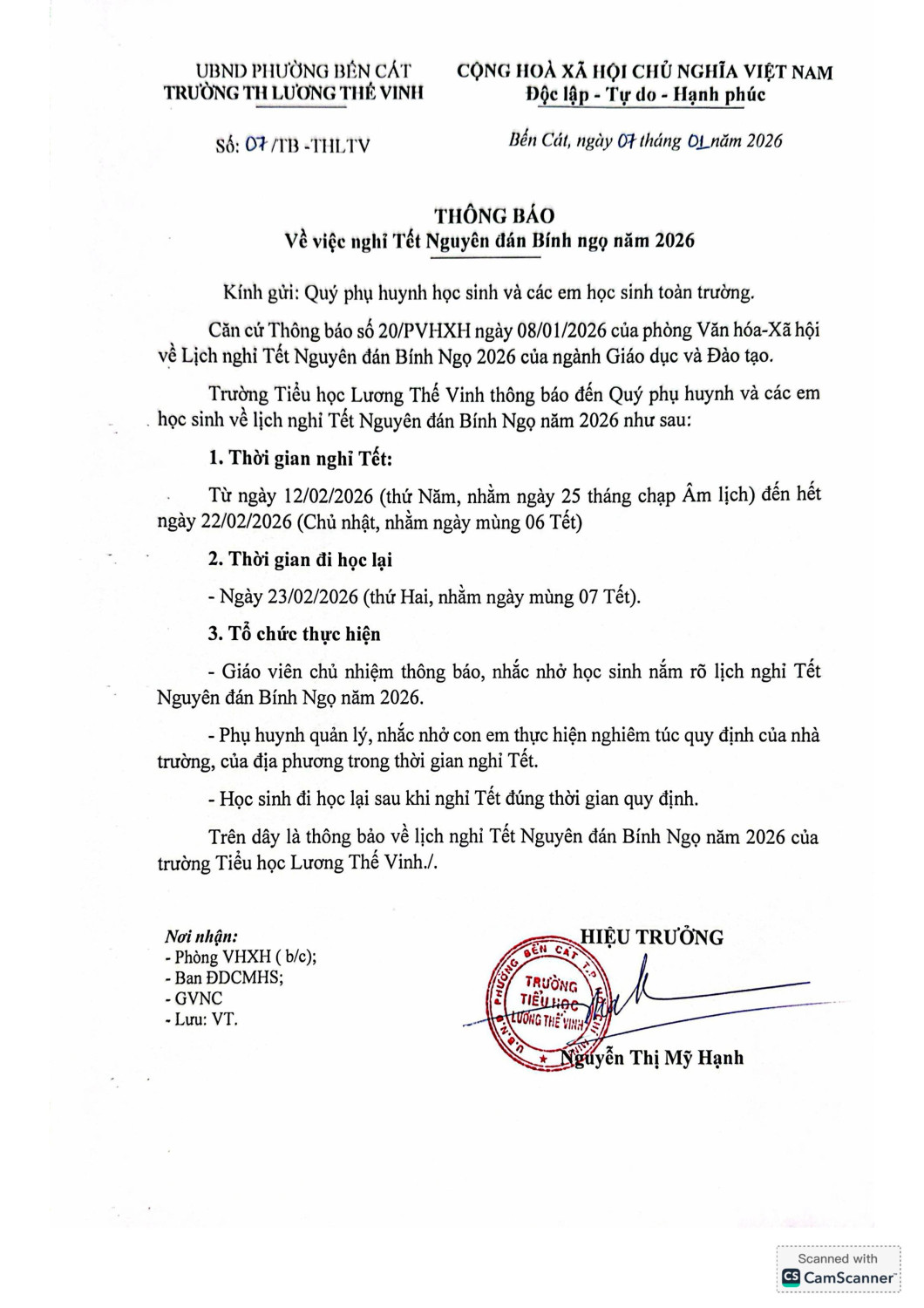 TB 07 về việc nghỉ tết Nguyên đán 2026